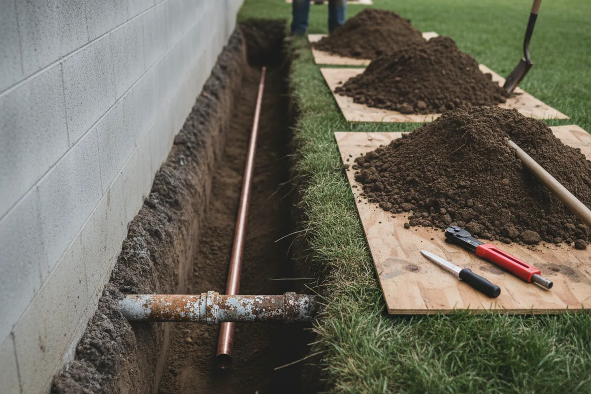 Excavated water line trench during Water Heater Repair in Munith